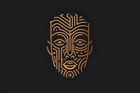 Minimalist golden tribal face mask design with geometric patterns and symmetrical lines on dark background, featuring stylized eyes and abstract facial features.