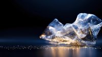 Melting ice cubes with golden light reflections on dark surface creating dramatic lighting effects for luxury beverage and cooling concepts.