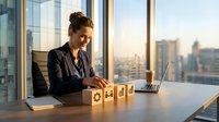 Businesswoman arranging wooden blocks with sustainability symbols at office desk with city skyline view, representing corporate environmental responsibility and green business strategy.