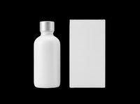 White cosmetic bottle with silver cap beside blank packaging box, isolated on transparent background. Ready for branding mockups, label design, print on demand, and product presentation.