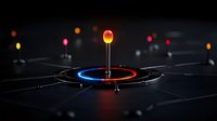 Glowing pin marker on dark network grid with neon circle and connected nodes, futuristic technology visualization for business analytics and data centers.