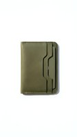 Olive green leather bifold wallet with card slots, isolated on white background. Slim minimalist design for men, ready for product catalog use.