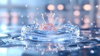Water drop splash creating crown shape with flying droplets on blue background with soft bokeh lights. Macro photography captures liquid dynamics and motion.