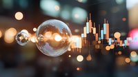 Glowing stock market candlestick chart overlay on blurred bokeh background with floating soap bubbles creating dreamy financial market concept.