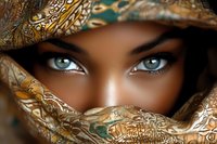Striking blue eyes peek through traditional patterned fabric wrap, creating dramatic contrast with dark skin and intense gaze. Artistic portrait captures mystery and beauty.