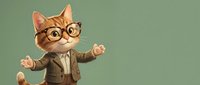 Orange tabby cat wearing glasses and business suit with open arms gesture on green background for professional presentations and marketing materials.