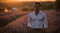Young man in white shirt standing in lavender field at sunset with golden light creating atmospheric mood for lifestyle and travel content.