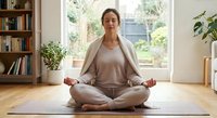 Middle-aged Caucasian woman practicing yoga meditation in lotus pose on mat at home with natural light from window and plants creating peaceful atmosphere.