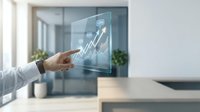 Businessman in white shirt touching digital screen displaying upward trending graph and financial data analytics in modern office workspace.