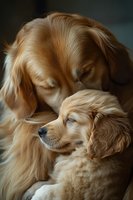 Adult golden retriever nuzzling smaller puppy with closed eyes, showing affection and bonding. Warm lighting highlights their cream and golden coats. Use for pet care, family, love, and animal companionship themes.