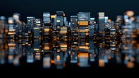 Modern city skyline with illuminated office buildings reflected in water at night, creating a mirror effect with glowing windows and architectural details.