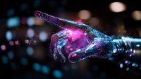 Glowing robotic hand pointing forward with pink and blue neon lights against dark background with bokeh effect, futuristic cyberpunk style technology concept.