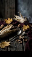 Rustic autumn still life with corn husks, walnuts, vintage spoons and golden maple leaves on weathered wooden table with burgundy textile and moody lighting.