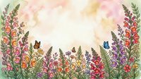 Watercolor wildflower meadow border with colorful blooms and butterflies on soft pastel background for spring garden designs and botanical artwork.