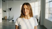 Young Caucasian woman with shoulder-length brown hair wearing white t-shirt smiling in modern bright office or studio space with natural window lighting.
