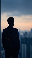 Man in business suit with cracked texture overlay standing against urban skyline at dusk, representing stress, burnout, and mental health challenges in corporate environment.