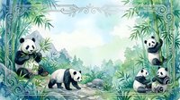 Adorable panda family in lush bamboo forest with ornate decorative border frame for children's room decor and educational materials.