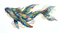 Colorful whale with flowing, ornamental fins and tail featuring swirling patterns in blue, gold, and teal. Isolated on white background, ready for design projects.