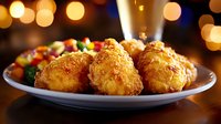 Crispy golden fried chicken pieces on white plate with colorful vegetable garnish, served against warm bokeh lights background, appetizing restaurant presentation.