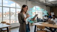Young woman with medium skin tone, wearing casual business attire, presenting digital holographic data visualization to diverse team in modern office space with large windows and city skyline view.