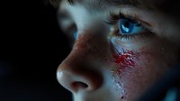 Close-up profile view of young woman's face with glowing blue eye and artistic red glitter makeup effect against dark background, dramatic lighting creates mystical mood.