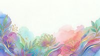 Watercolor floral border with vibrant gradient flowers, leaves, and botanical elements in pink, purple, blue, and green tones on isolated white background for design projects.