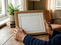 Senior man with wrinkled hands holding wooden frame with blank mat, displaying empty space for photo or artwork in bright home interior with plants and natural light.