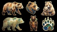 Illustration of six brown bears in various poses and styles, including standing, sitting, and paw print designs, isolated on transparent background. Ready for t-shirt design, clipart, stickers, sublimation, and print-on-demand products.
