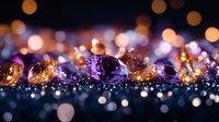 Sparkling purple and golden gemstones with bokeh lights creating luxurious jewelry background for elegant design projects and premium branding materials.