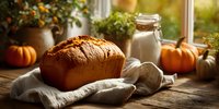 Freshly baked pumpkin bread loaf on rustic wooden table with autumn decorations, milk jar, and small pumpkins by sunny window.