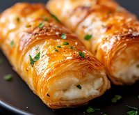Flaky phyllo pastry rolls filled with creamy cheese mixture, garnished with fresh herbs and sesame seeds on dark plate, close up view of Mediterranean appetizer.