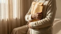 Senior woman in beige sweater holding wrapped gift box while sitting on couch in warm sunlit living room for holiday celebration and present giving.