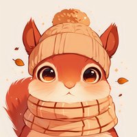 Adorable red squirrel character wearing knit beanie and plaid scarf surrounded by falling autumn leaves on soft peach background, cartoon style illustration.