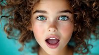 Young woman with bright blue eyes and natural curly brown hair expressing surprise against turquoise background, beauty portrait with soft lighting and clear skin.