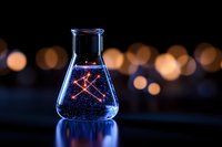 Glowing blue liquid in laboratory flask with crossed light beams against dark background with golden bokeh lights creates magical scientific atmosphere.