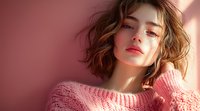Young woman with tousled brown hair wearing pink knit sweater poses dreamily in soft natural window light against pink background, expressing gentle sensuality and warmth.