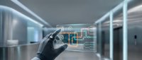 Gloved hand interacting with holographic circuit board interface in modern tech laboratory environment for innovation and digital transformation concepts.