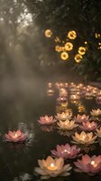 Floating lotus candles on tranquil water with warm bokeh lights creating magical evening ambiance for meditation and relaxation ceremonies.