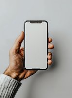 Male hand in white knit sleeve holding modern smartphone with blank screen against neutral background, mockup for app and web design presentation.