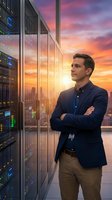 Professional Caucasian male IT administrator standing confidently in modern data center server room during golden hour sunset for technology concepts.