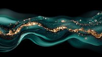 Luxurious emerald green and gold abstract waves with glitter effect, flowing design in dark background creates elegant marble-like pattern for luxury decor.