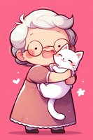 Cute cartoon elderly woman with glasses and gray hair hugging white cat on pink background. Kawaii style illustration shows grandmother in brown dress expressing love to pet.