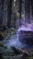 Abandoned wooden boat in misty forest with magical purple glowing mist and sparkling particles, surrounded by moss-covered logs and ferns for fantasy and mystical themes.