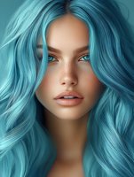 Young woman with turquoise blue wavy hair, natural freckles, and bright blue eyes wearing neutral makeup in a dreamy beauty portrait against dark background.