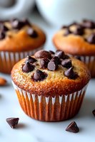 Fresh baked vanilla muffin topped with chocolate chips on white background, close-up macro shot showing moist texture and golden brown color. For food blogs and bakery menus.