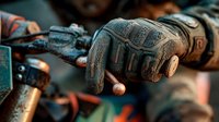 Weathered tactical gloves on hands holding wooden handle, showing wear from heavy use in outdoor work or military training operations.