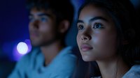 Young Asian woman and man watching movie or show in dark room with dramatic blue lighting and focused expressions on their faces. Entertainment concept.