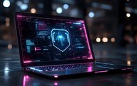 Gaming laptop with cybersecurity shield interface glowing in neon pink and blue against dark background, showcasing digital protection technology.