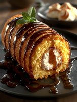 Sliced swiss roll cake with cream filling and chocolate sauce drizzle on dark plate, garnished with fresh mint leaf, close up view of dessert photography.