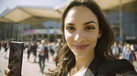 Young businesswoman taking selfie outdoors with crowd in background, smiling confidently while holding smartphone during sunny day.